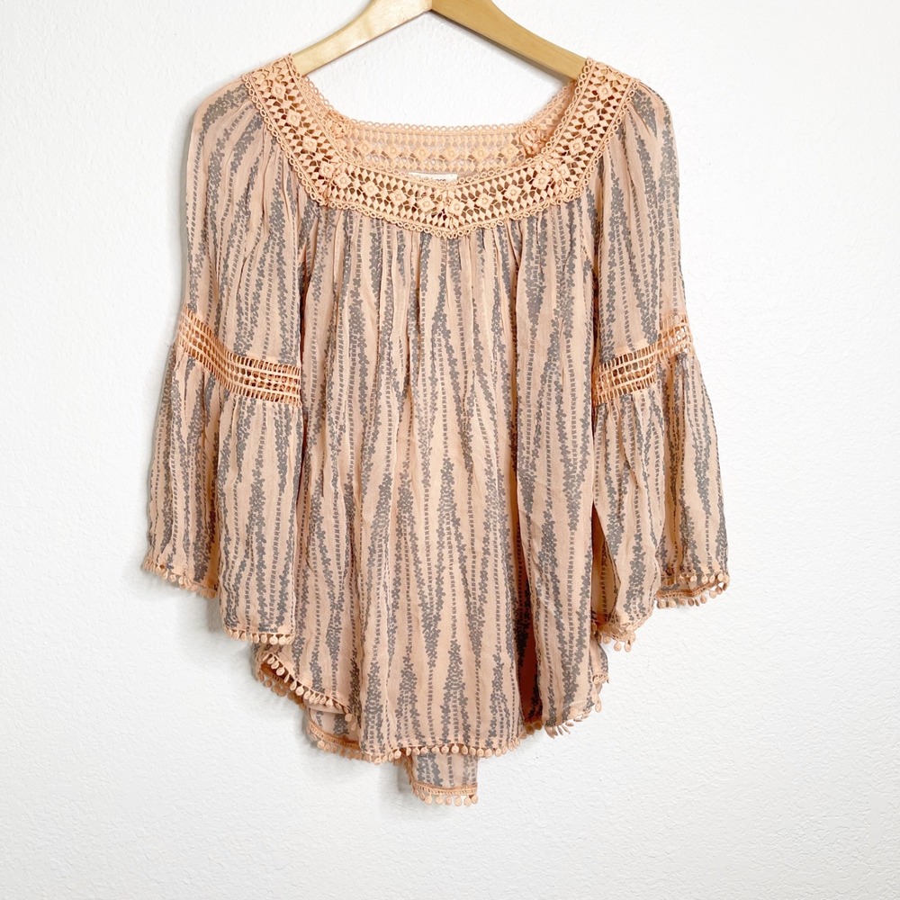Sundance Peach Grey Crochet Lace Pom Pom Trim Boho Bell Sleeve Blouse XS